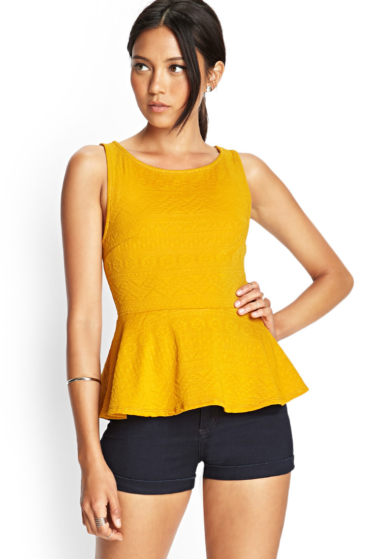 Forever 21 Tribal Patterned Peplum Top in Yellow (Mustard)