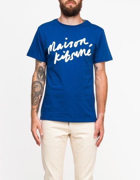 Maison KitsunÃ© Hand Writing Tee Shirt in Blue for Men (navy) | Lyst