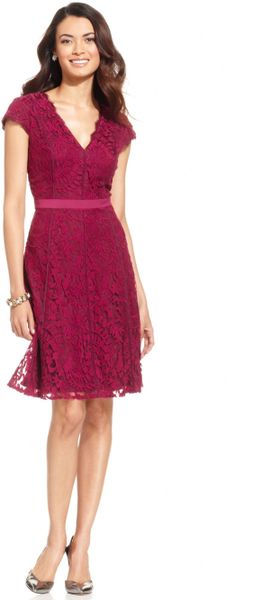 Adrianna Papell Capsleeve Lace Dress in Purple (Berry)