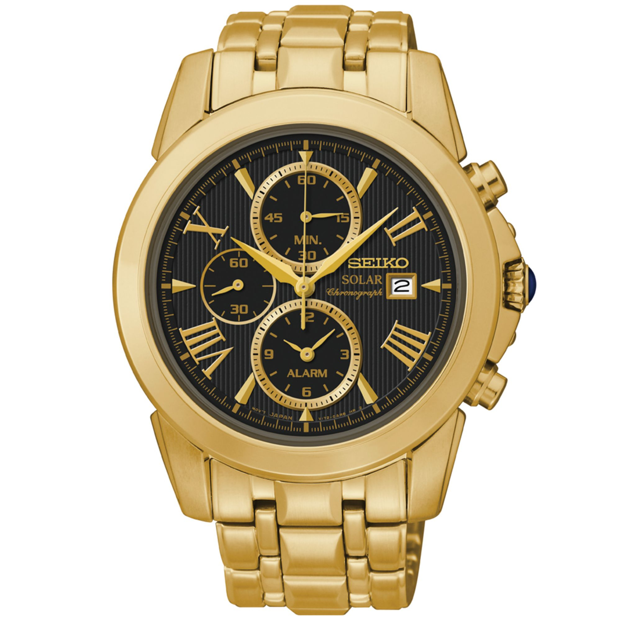 Seiko Mens Chronograph Le Grand Sport Solar Alarm Goldtone Stainless Steel Bracelet Watch 42mm