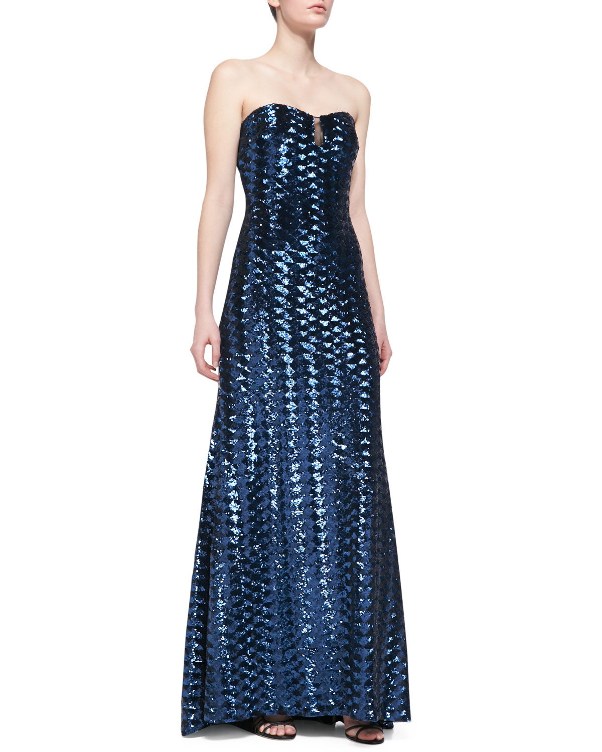 Badgley Mischka Collection Strapless Sequin Gown with Meshaccent Bodice Navy in Blue (NAVY) | Lyst