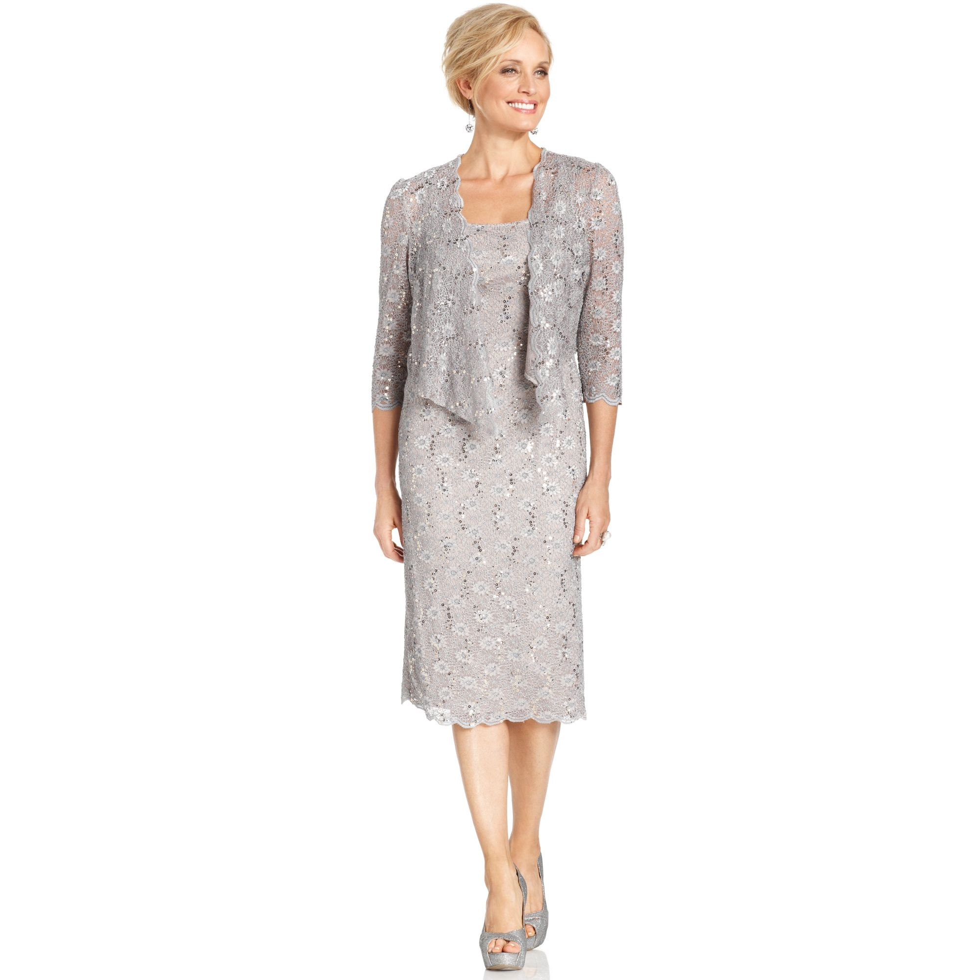 Alex Evenings Sequin Lace Dress and Jacket in Silver (Champagne)