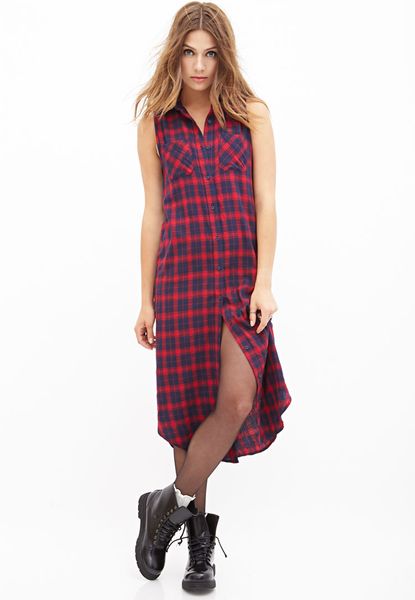 Forever 21 Plaid Button-Down Maxi Dress in Red (DARK NAVYRED)