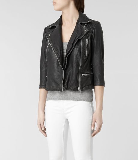 Allsaints Cropped Cargo Leather Biker Jacket in Black (Blk/Grey) | Lyst
