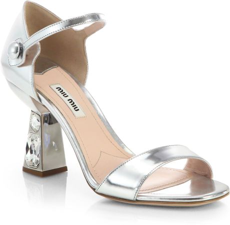 Miu Miu Metallic Leather Jeweled-Heel Sandals in Silver | Lyst