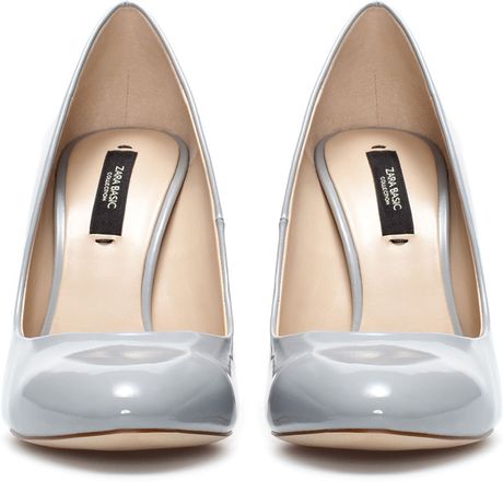 light grey patent court shoes