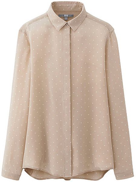 Uniqlo Silk Print Long Sleeve Blouse in Beige | Lyst