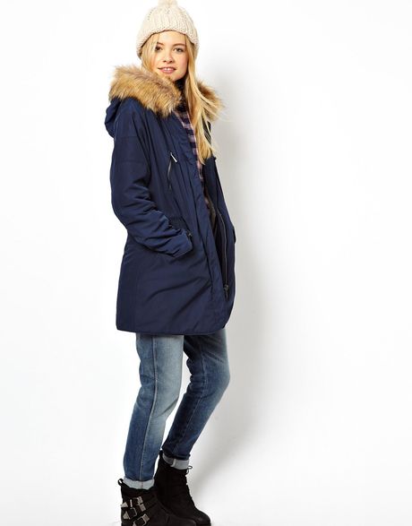 Asos Nylon Parka with Faux Fur Trim Hood in Blue (Navy) | Lyst