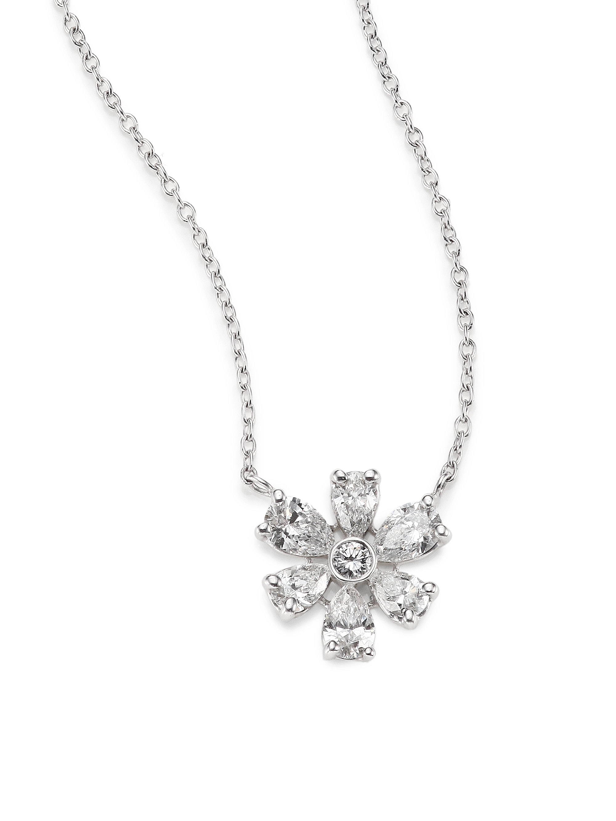 ... Diamond  18K White Gold Flower Pendant Necklace in White (WHITE