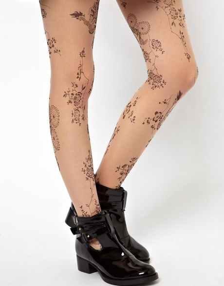 Asos Floral Tattoo Tights In Beige Nude Lyst