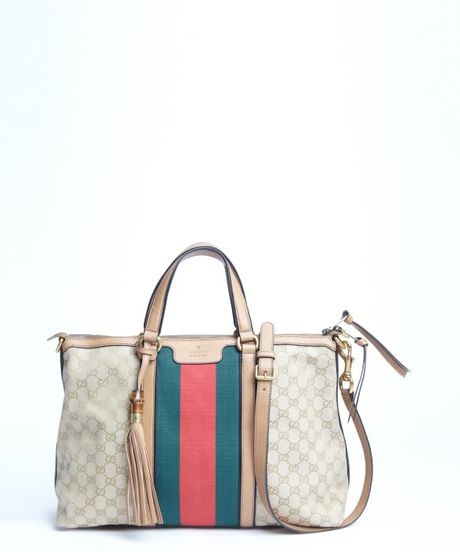 Gucci Tan Leather Trimmed Canvas Ssima Pattern Convertible Tote Bag in Green (tan) | Lyst