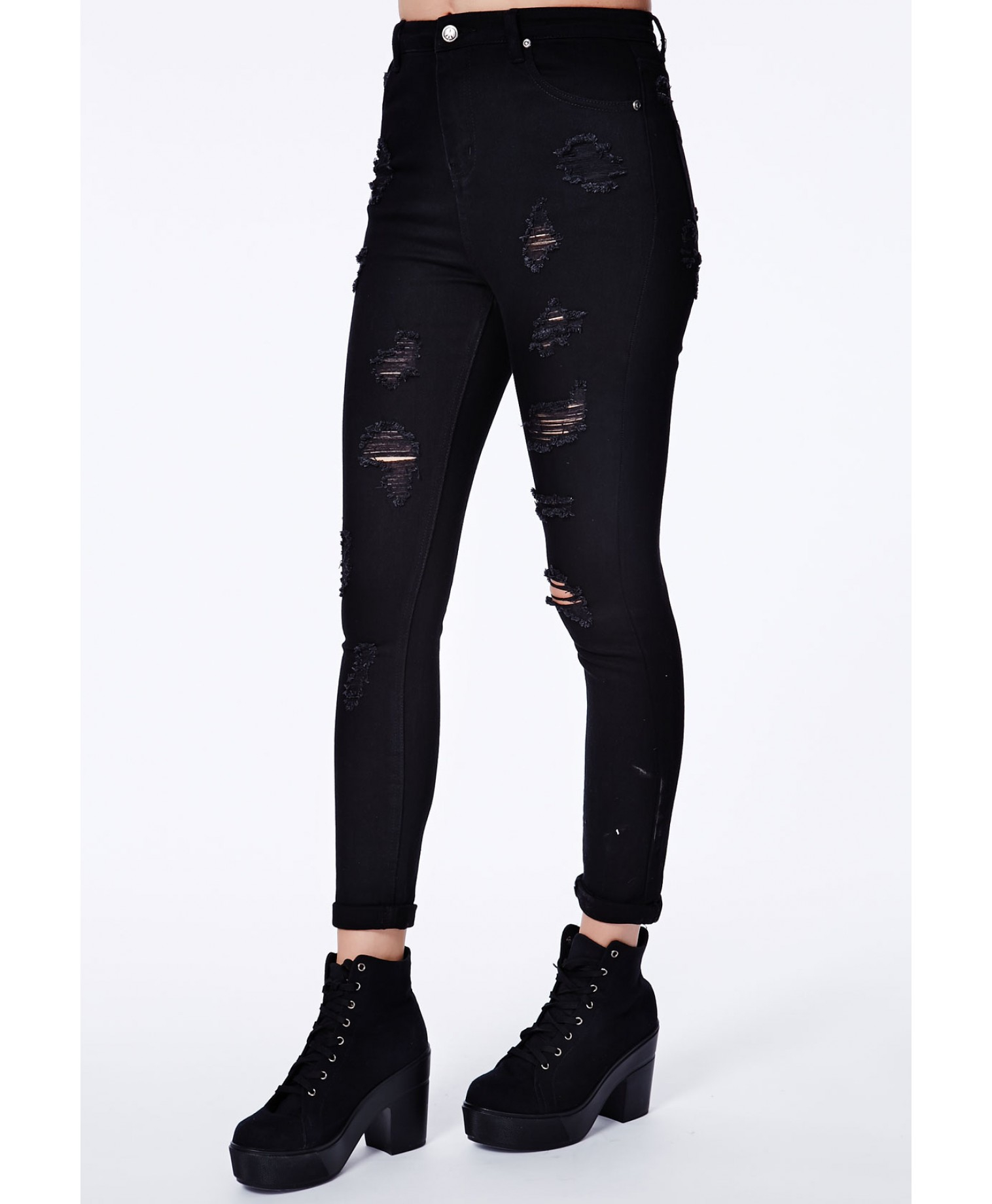 Missguided Edie High Waist Extreme Ripped Skinny Jeans In Black in
