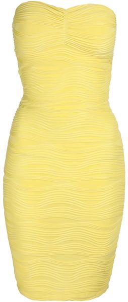 Jane Norman Bandeau Wave Textured Bodycon Dress in Yellow (Lemon)