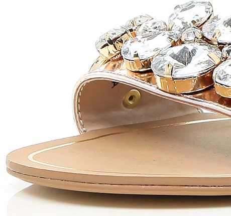 River Island Gold Metallic Gem Stone Twostrap Sandals in Gold | Lyst