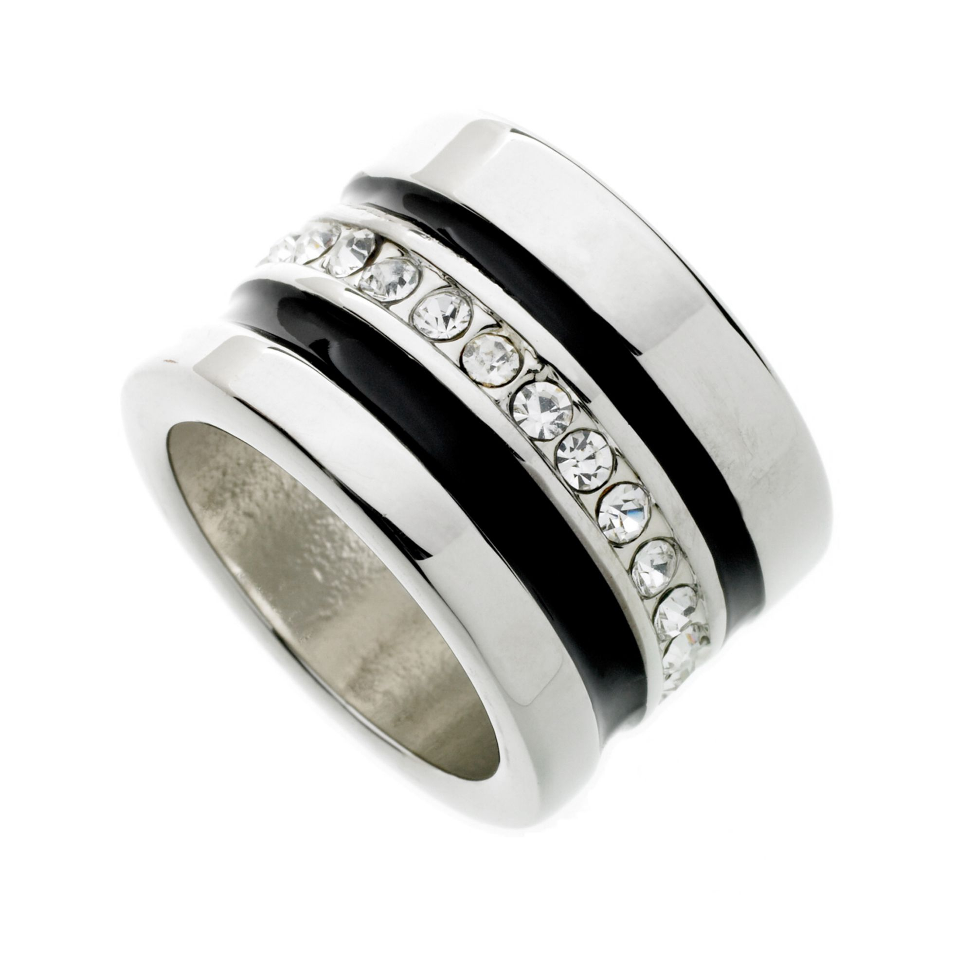 Guess Ring, SilverTone Crystal And Black Enamel Band in Silver Lyst