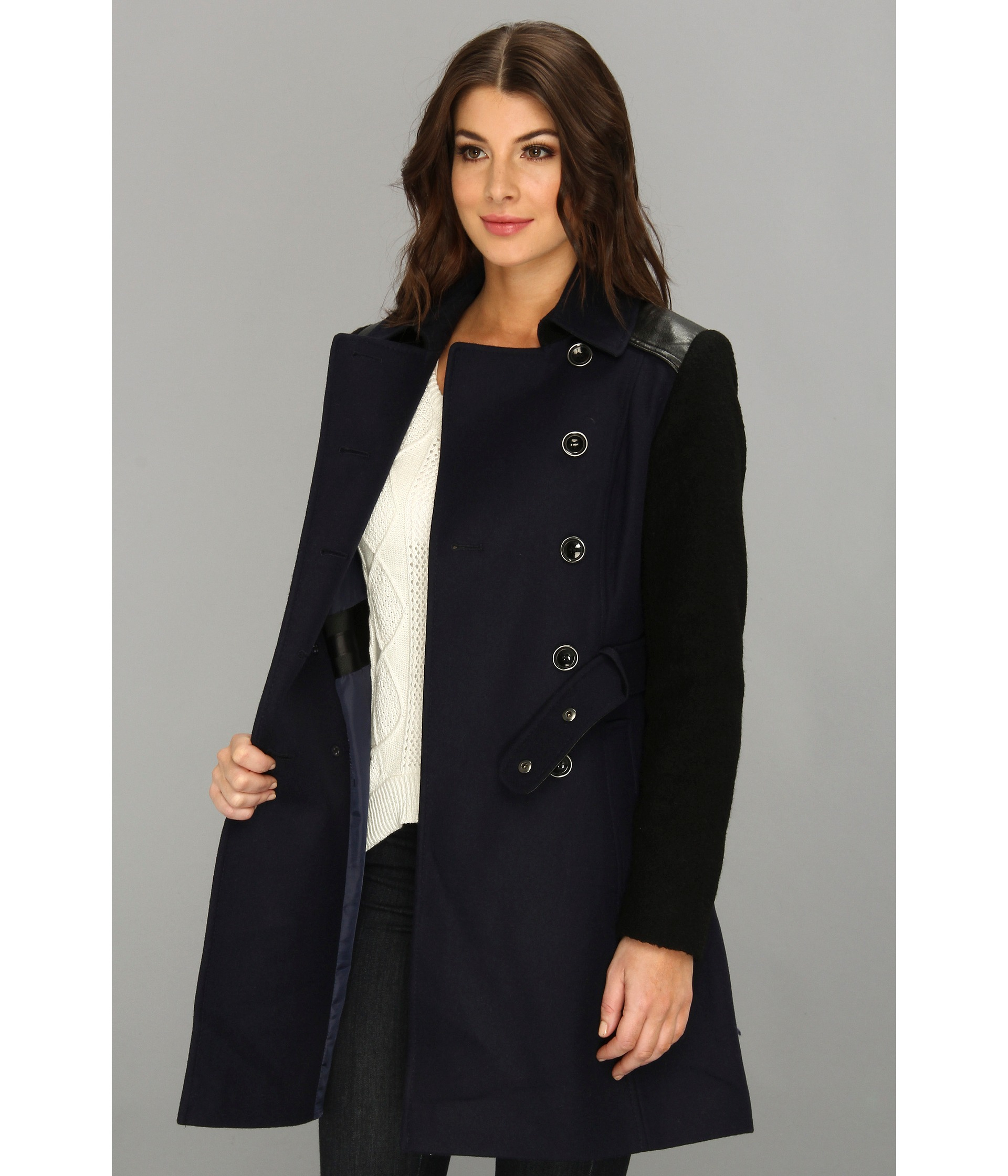 Dkny Trench W Boiled Wool Sleeve Coat In Black New Midnight Lyst