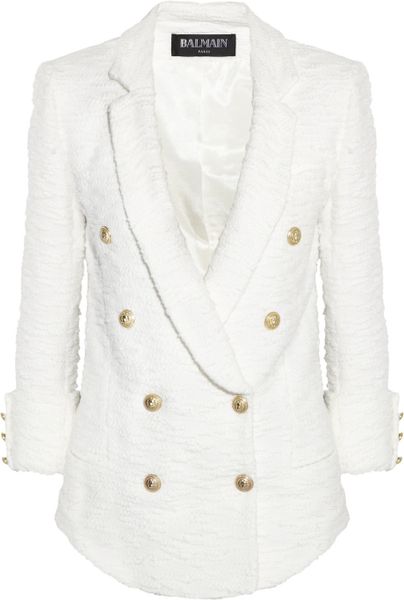 Balmain Doublebreasted Bouclétweed Jacket in White - Lyst