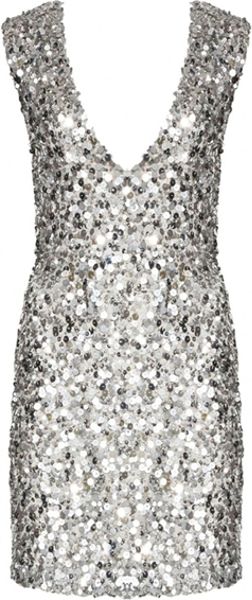 Alice + Olivia Low V-Neck Sequin Dress in Silver