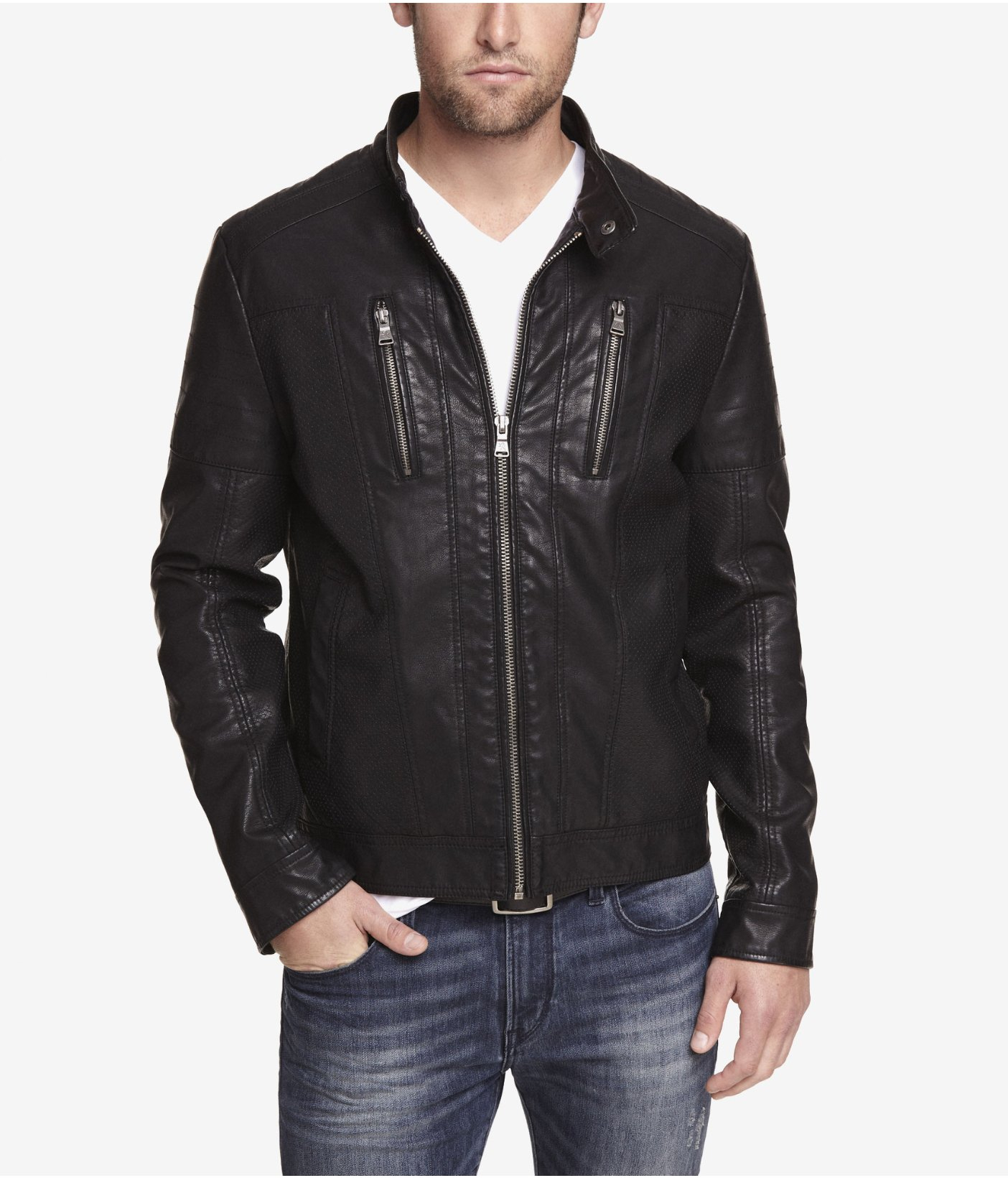 Express (Minus The) Leather Perforated Biker Jacket in Black for Men Lyst