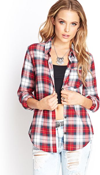 Forever 21 Plaid Flannel Button Down in Red (Rednavy)