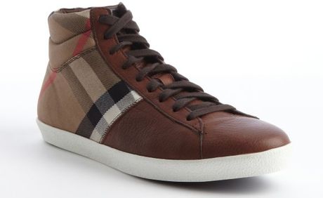 Burberry House Check Canvas and Leather Hightop Sneakers in Brown for Men | Lyst
