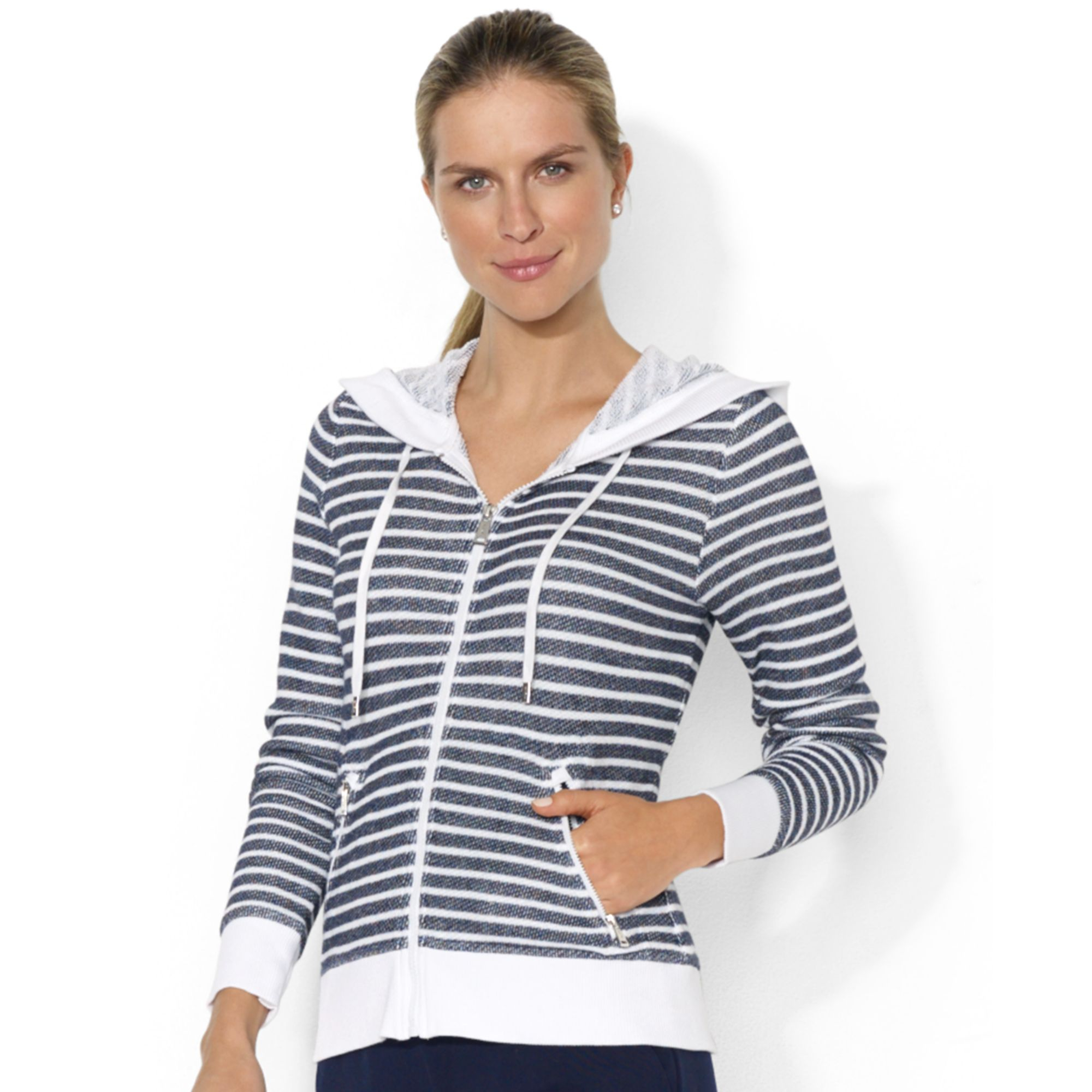 Lauren By Ralph Lauren Striped Zipfront Hoodie in Black (Black/White