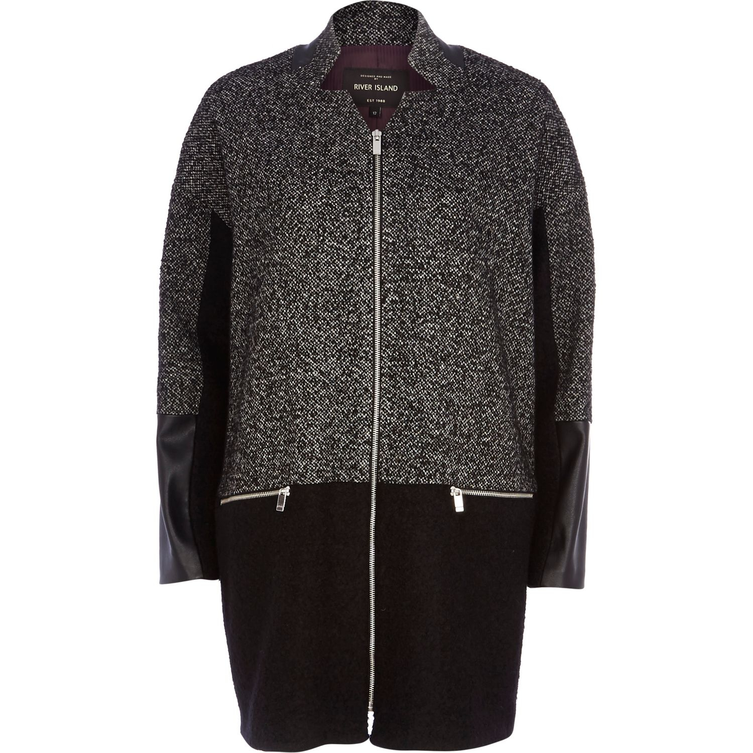 River Island Black Tweed LeatherLook Panel Oversized Coat in Gray