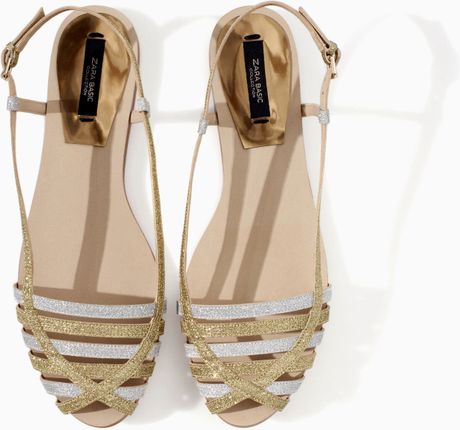 Zara Glitter Flat Sandal in Gold | Lyst