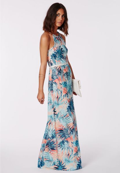 ... Justana Necklace Tropical Racer Neck Maxi Dress in Multicolor (white