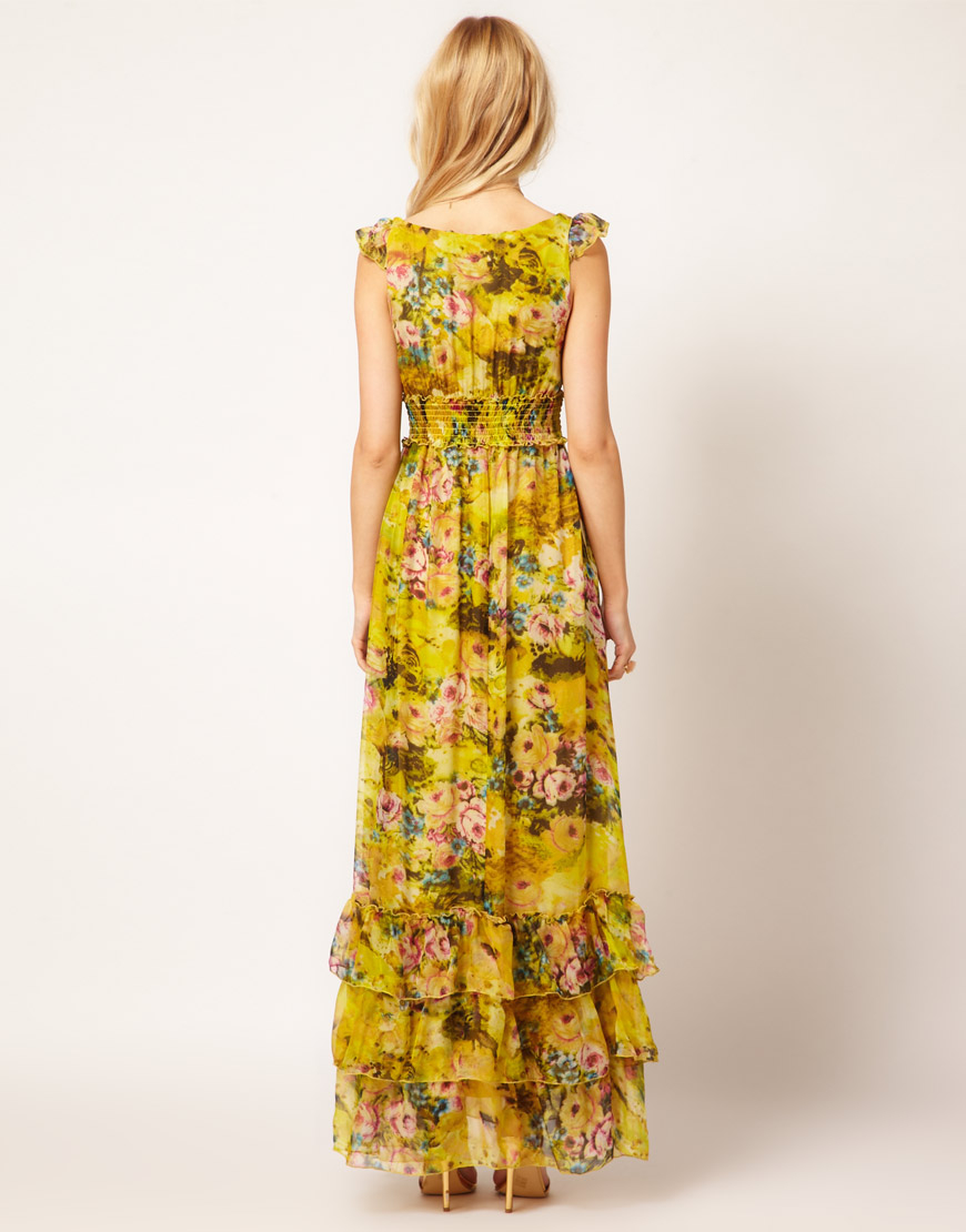 Traffic People Silk Maxi Dress in Faded Floral Print in Yellow | Lyst