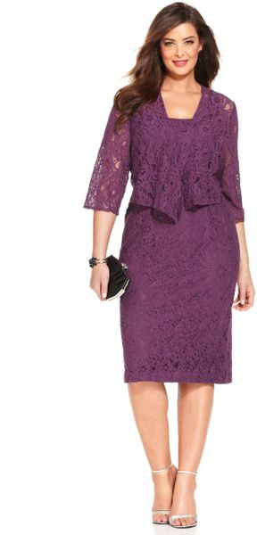 ... Evenings Plus Size Sleeveless Lace Dress and Jacket in Purple (Plum