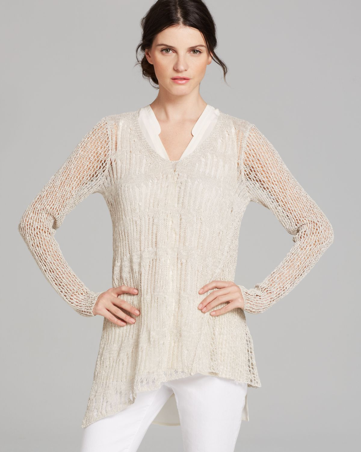 Eileen Fisher V Neck Sheer Tunic in Beige (Pebble) Lyst