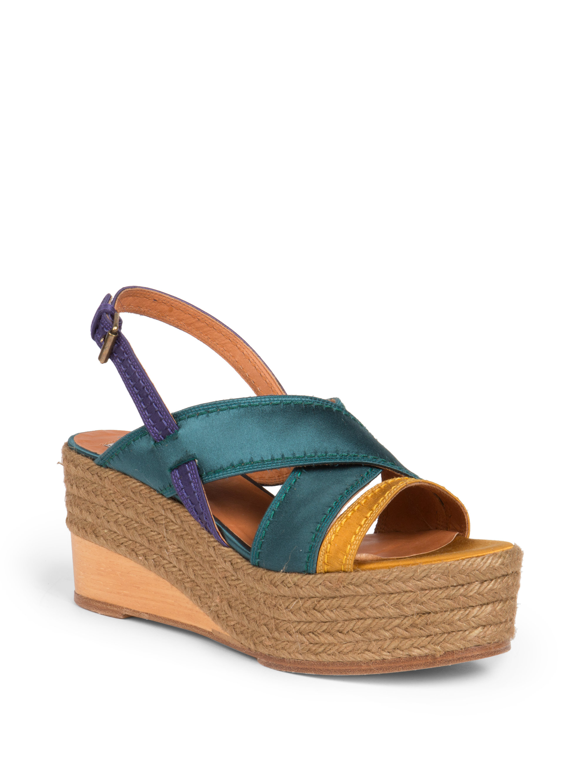 Lanvin Satin Wedge Espadrille Sandals in Green | Lyst