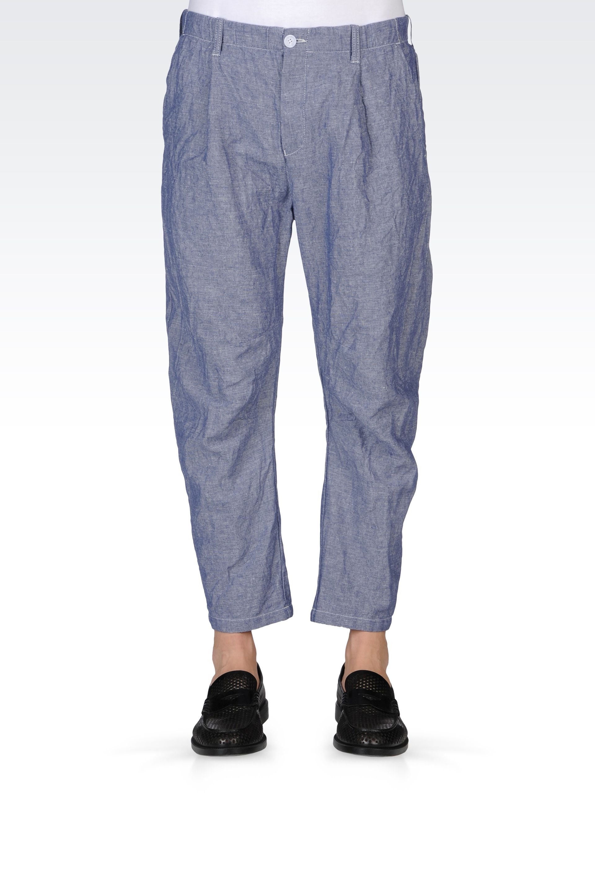 Emporio Armani Pants in Cotton Linen Chambray with Wrinkled Effect in Blue for Men Lyst