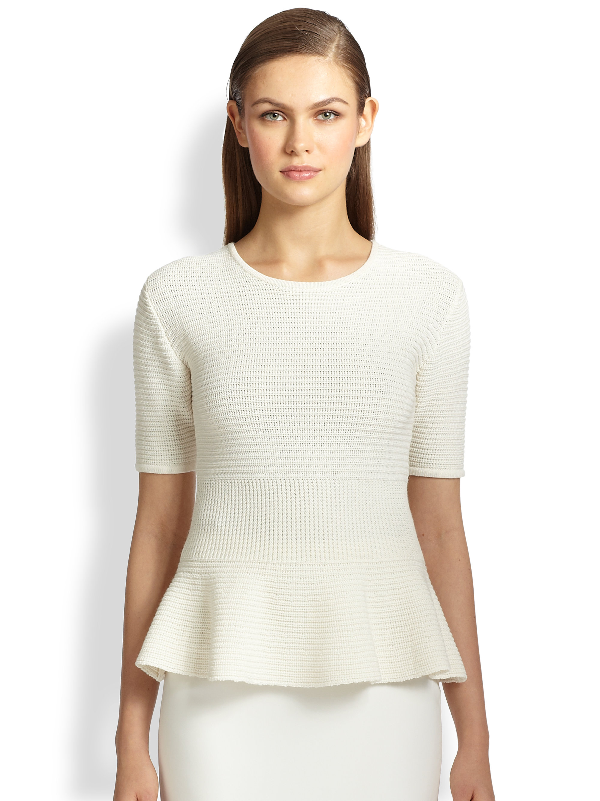 St. John Peplum Knit Sweater in White (CREAM) Lyst