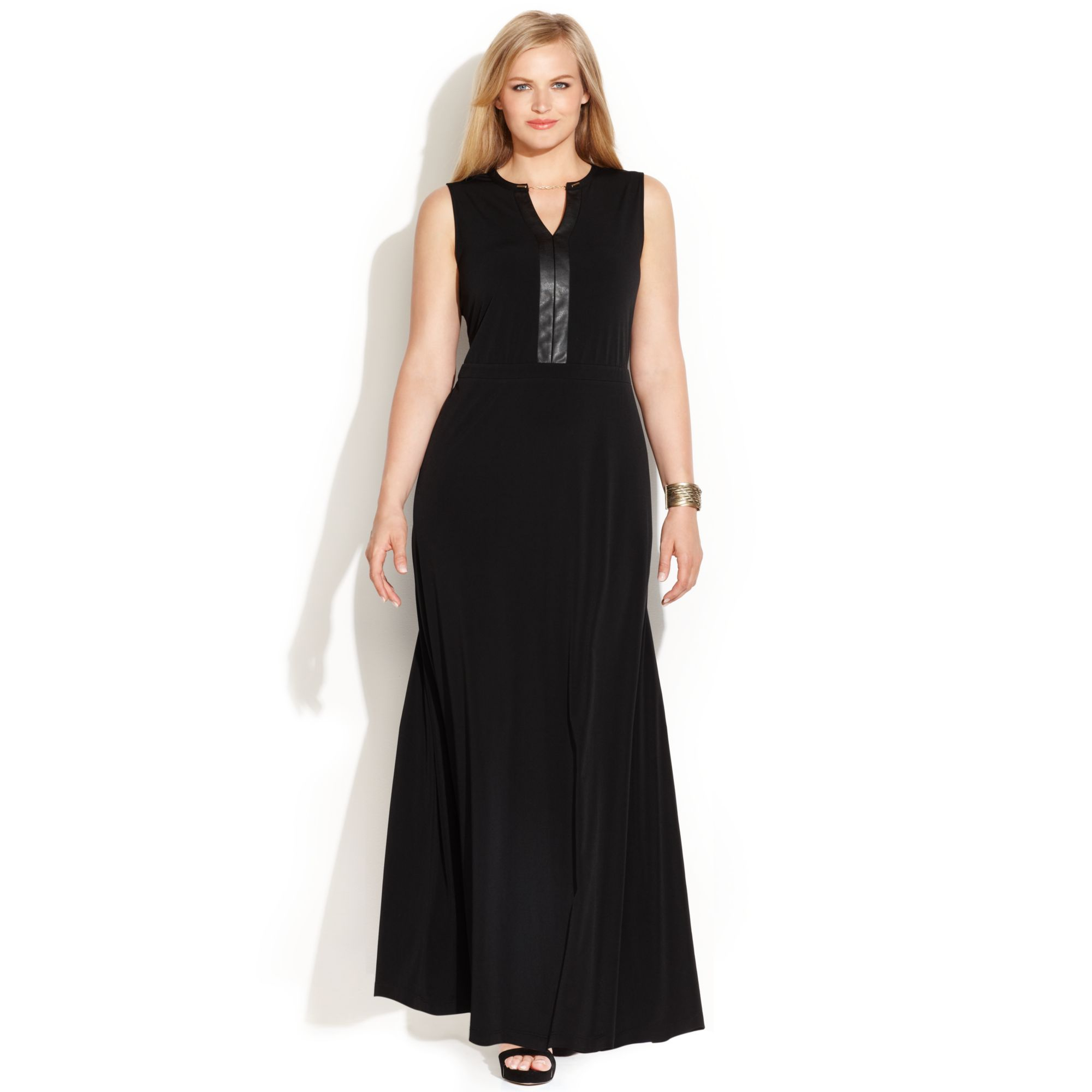 Calvin Klein Plus Size Fauxleathertrim Maxi Dress in Black