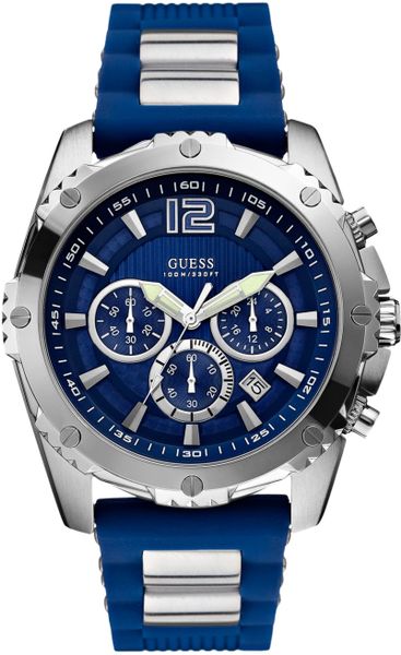 Guess Watch Mens Chronograph Steel and Blue Silicone Strap 47mm in ...