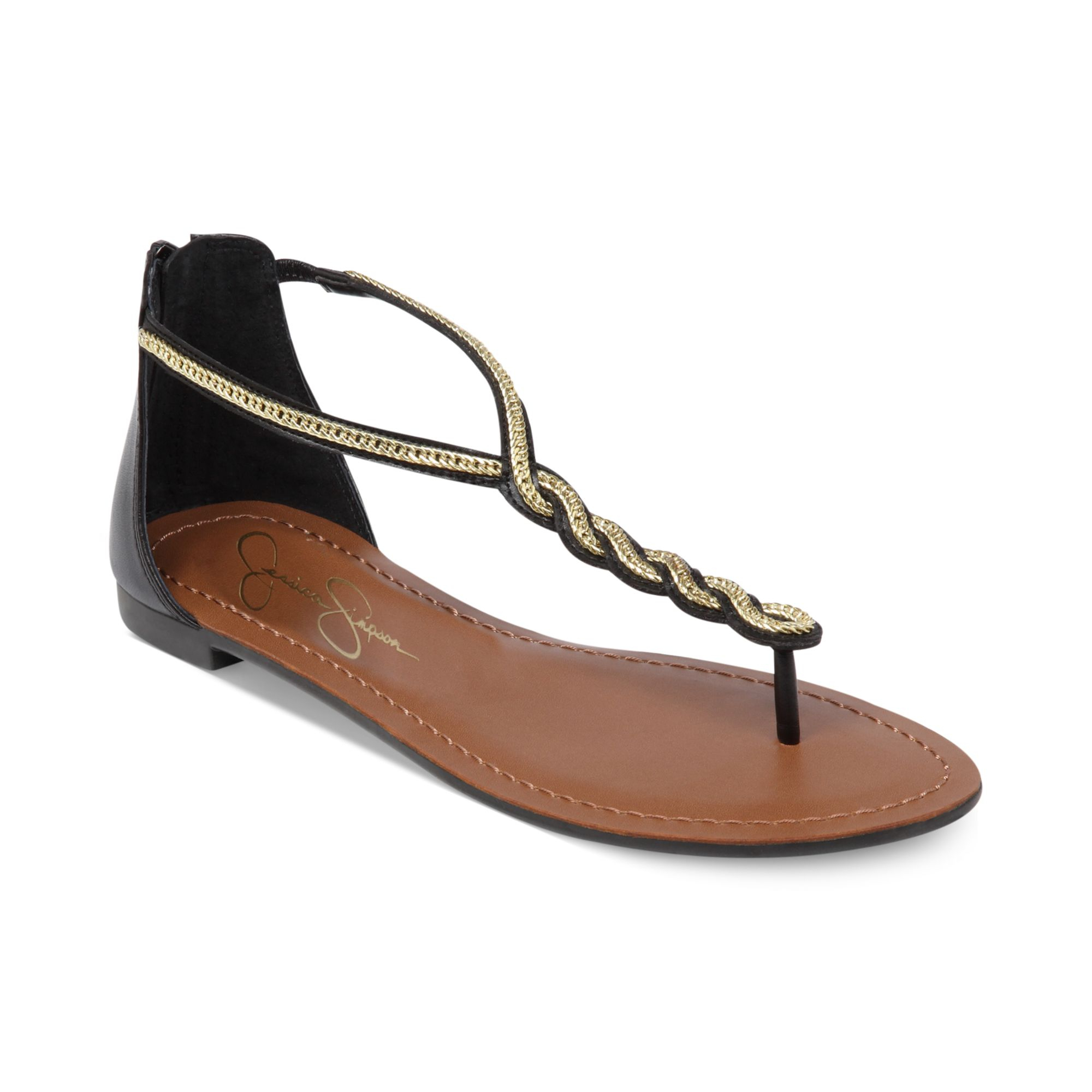 ... Glesener Twisted Chain Flat Thong Sandals in Gold (Black Leather