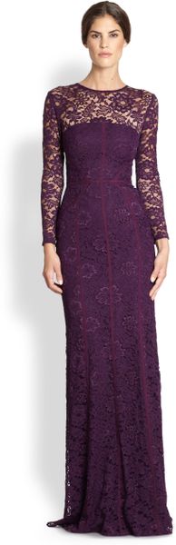 Ml Monique Lhuillier Longsleeve Lace Illusion Gown in Purple (PLUM)
