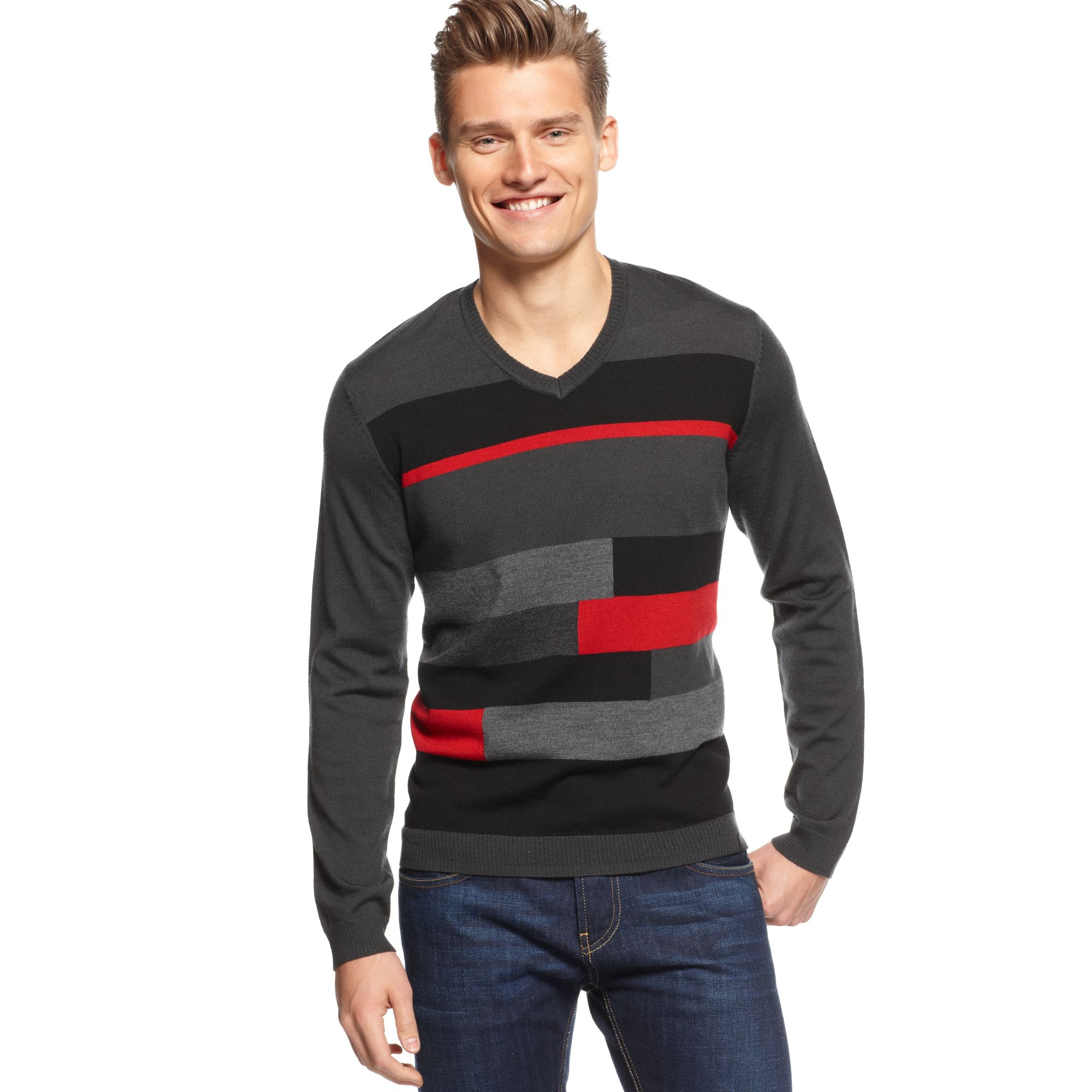 Calvin Klein Macys Exclusive Intarsia Striped V Neck Sweater in Gray for Men (Grey Wave) | Lyst