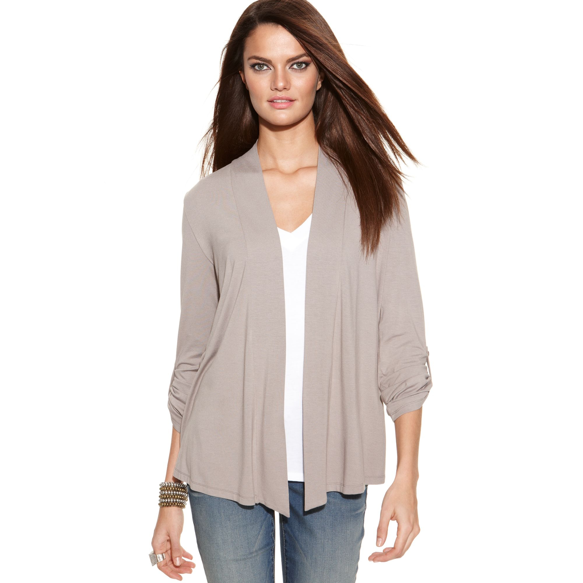 Inc International Concepts Roll Tab Sleeve Open Front Cardigan in Brown (Truffle Taupe) Lyst