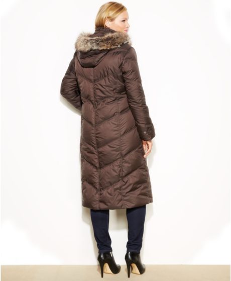 London Fog Plus Size Hooded Faux-Fur-Trim Down Maxi Puffer Coat in Brown | Lyst