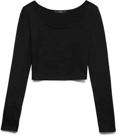 Forever 21 Basic Long Sleeve Crop Top in Black | Lyst