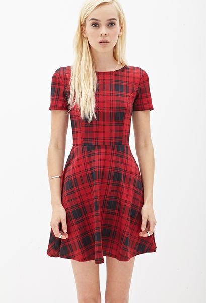 Forever 21 Plaid Scuba Knit Skater Dress in Red (Redblack) Forever 21 Plaid Scuba Knit Skater Dress in Red (Redblack)