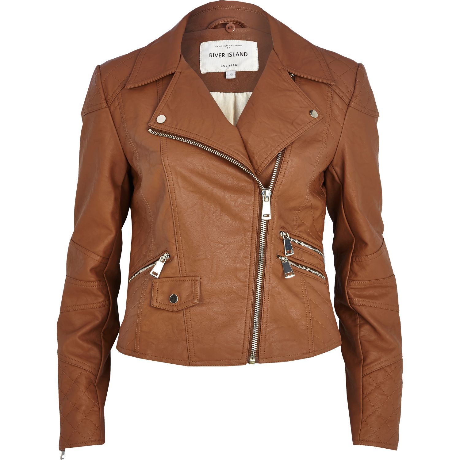 River Island Tan Faux Fur Collar Biker Jacket in Brown Lyst