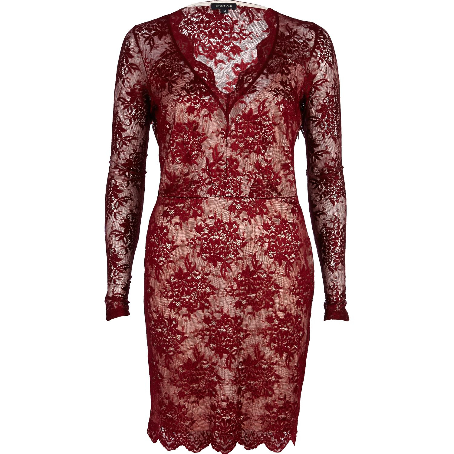 River Island Dark Red Lace Plunge Bodycon Dress In Red Lyst 