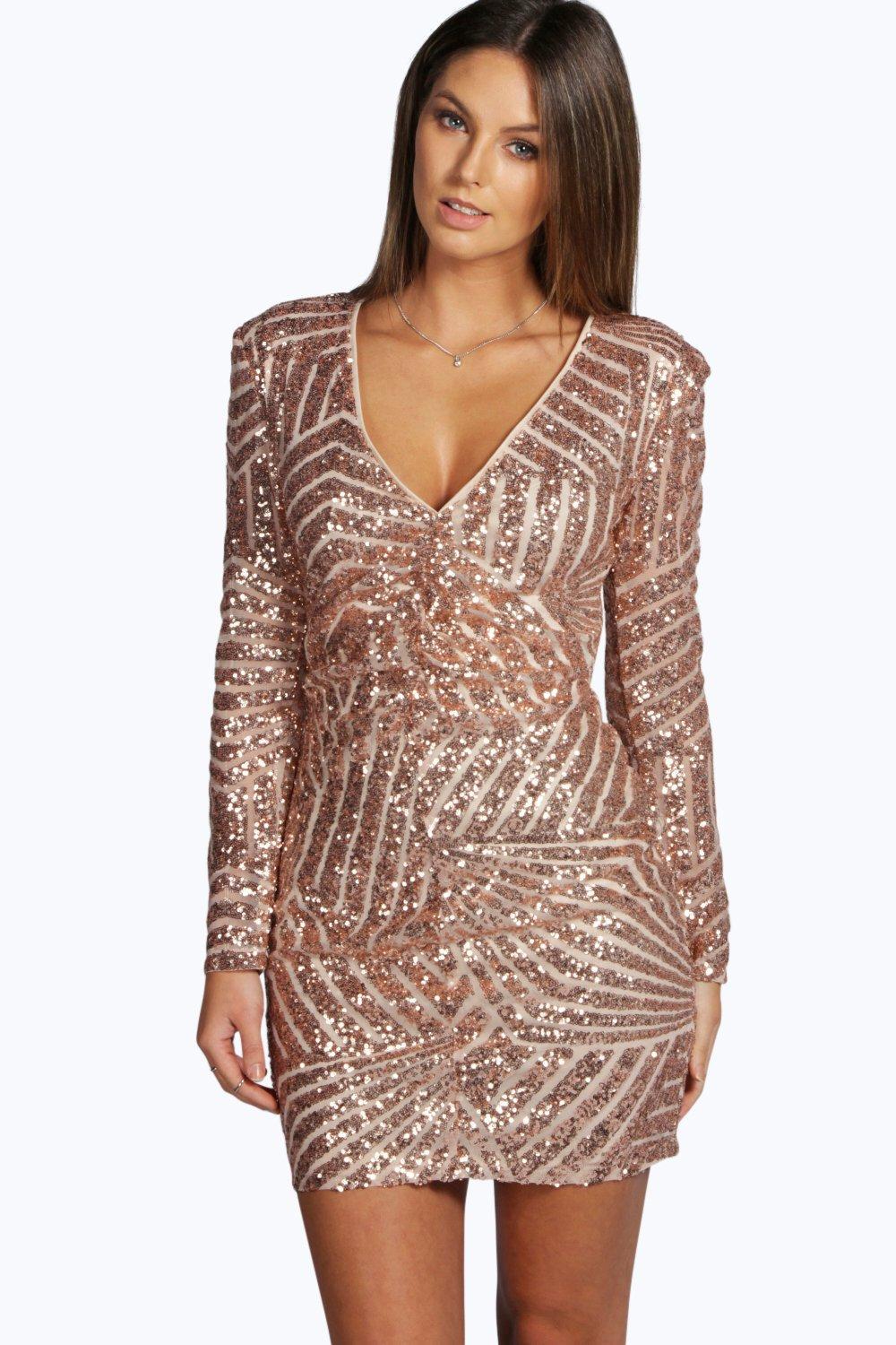 Boohoo Satin Boutique Sequin Panelled Bodycon Dress In Nude Brown Lyst