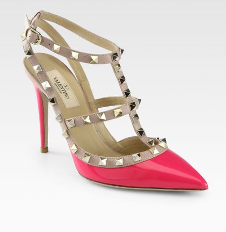 Valentino Rockstud Patent Leather Ankle Strap Pumps in Pink (fuchsia ...