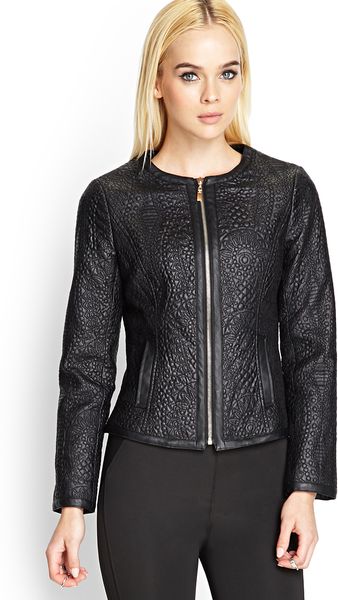 Forever 21 Embroidered Faux Leather Jacket in Black | Lyst