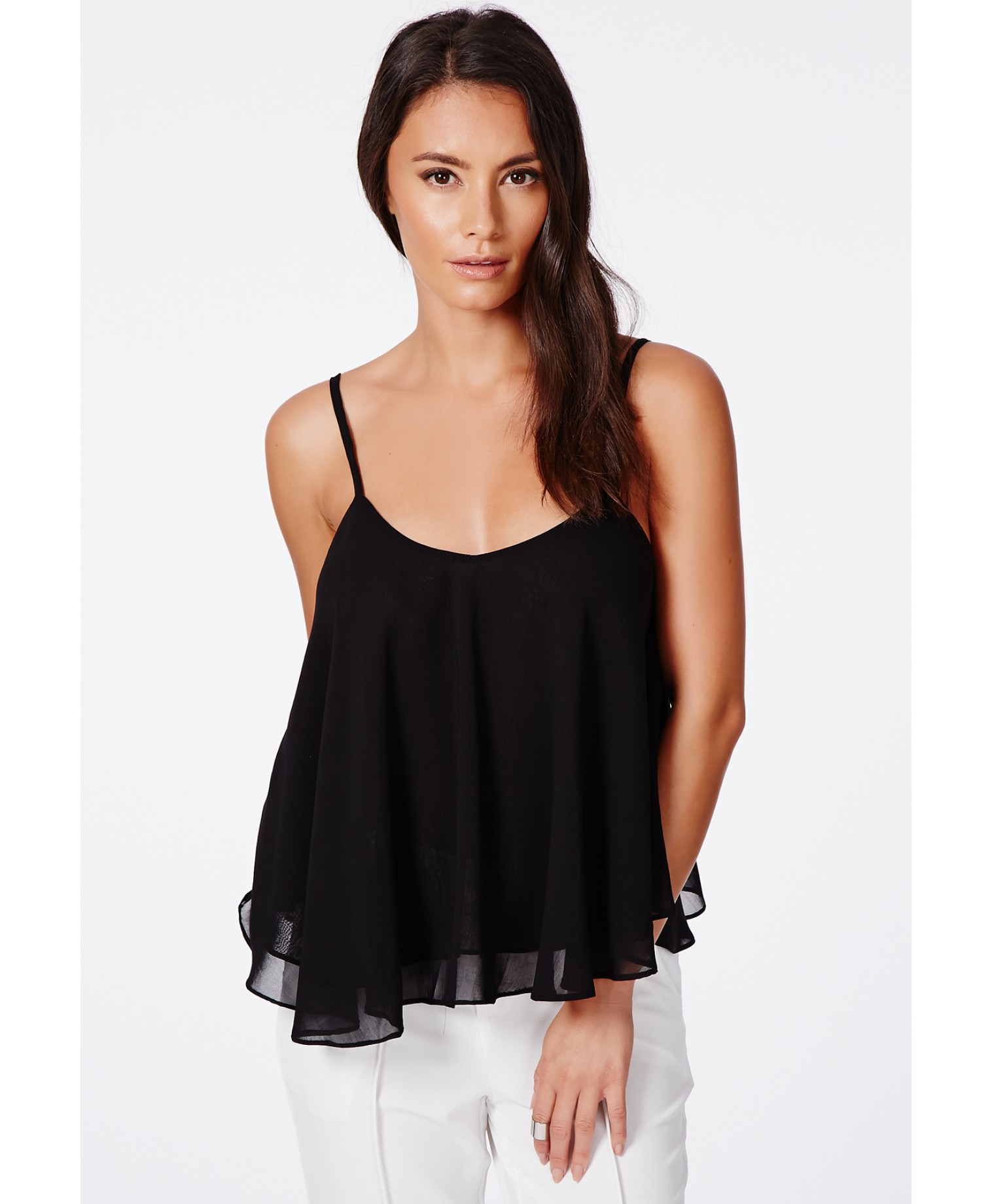 Missguided Laurita Black Chiffon Cami Swing Top in Black